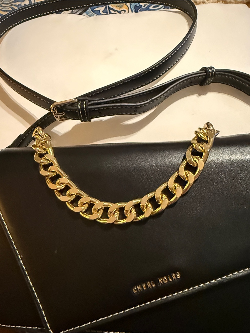 Black Crossbody Handbag with Gold Chain Accent - Picture 1 of 4